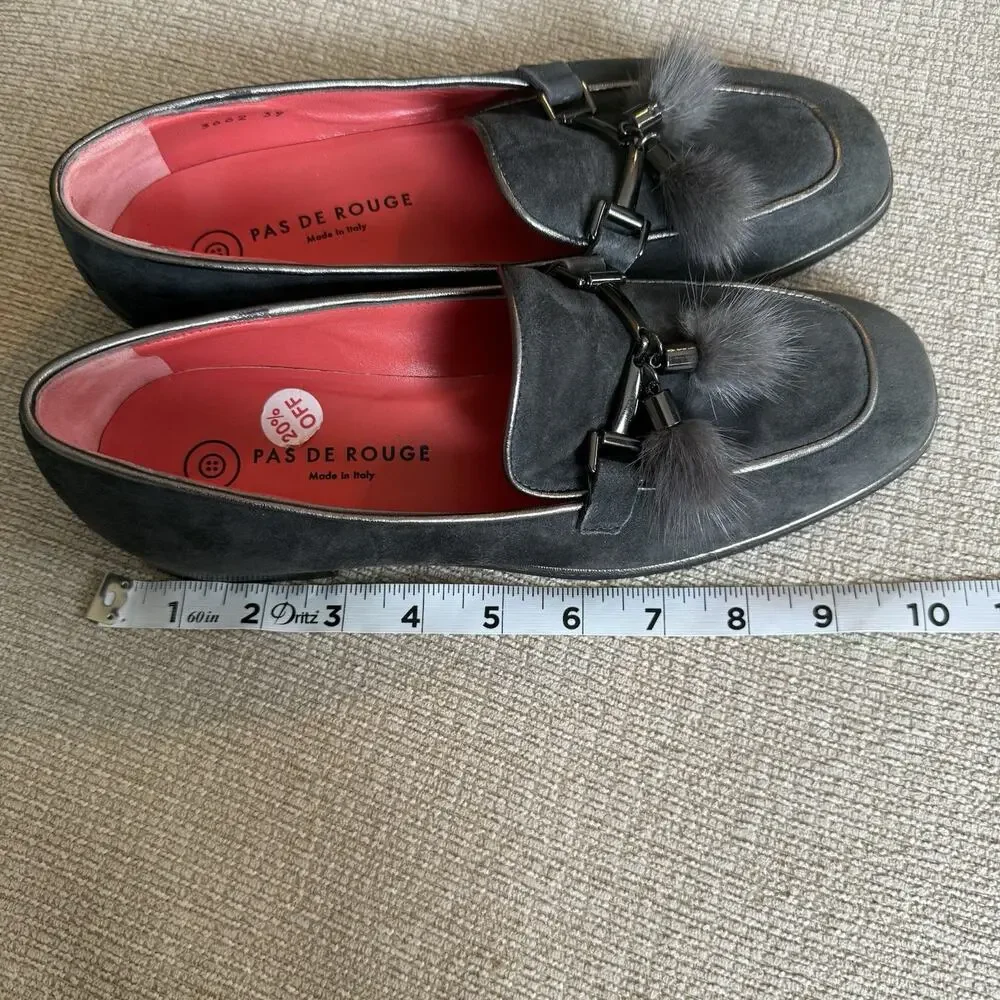 PAS DE ROUGE Lola Black Suede Dressy Loafer‎ Women's 39 US 8.5 Rabbit Fur Tassel